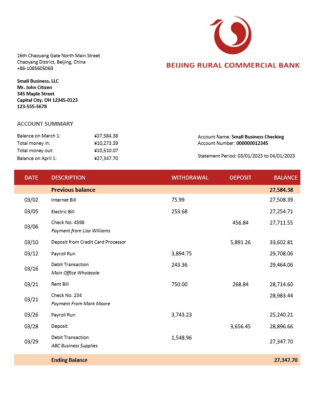 Déclaration d'entreprise de la Beijing Rural Commercial Bank Modèle Word et PDF